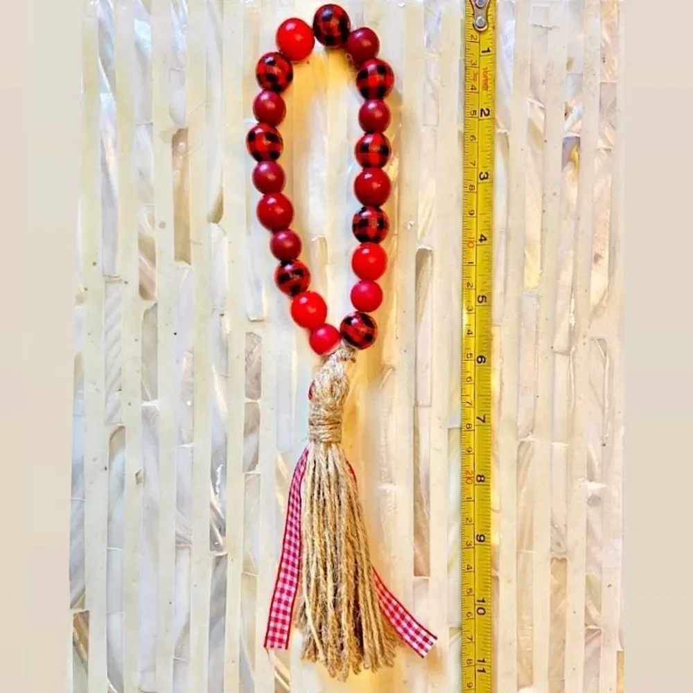 NEW Wood Bead Garland with Plaid Tassels